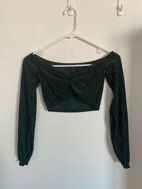 Dark Green Off-Shoulder Twist Front Crop Top